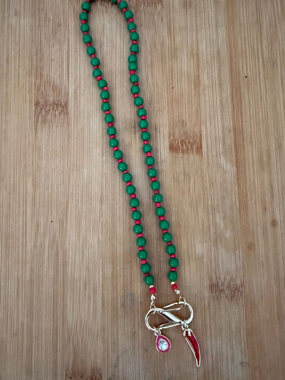 Mayamar Green and Red Beaded Necklace with Gold Charms